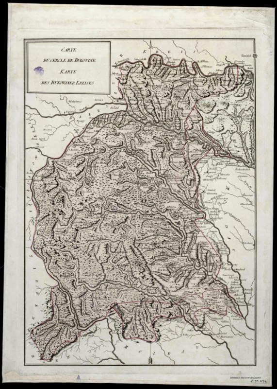 Karte des Bukowiner Kreises aparuta in Atlas der Königreiche Galizien und Lodomerien tiparit la Viena la 1786. Este parte dintr un atlas de 19 planse pentru 19 districte austriece din zona aceea. page 0001